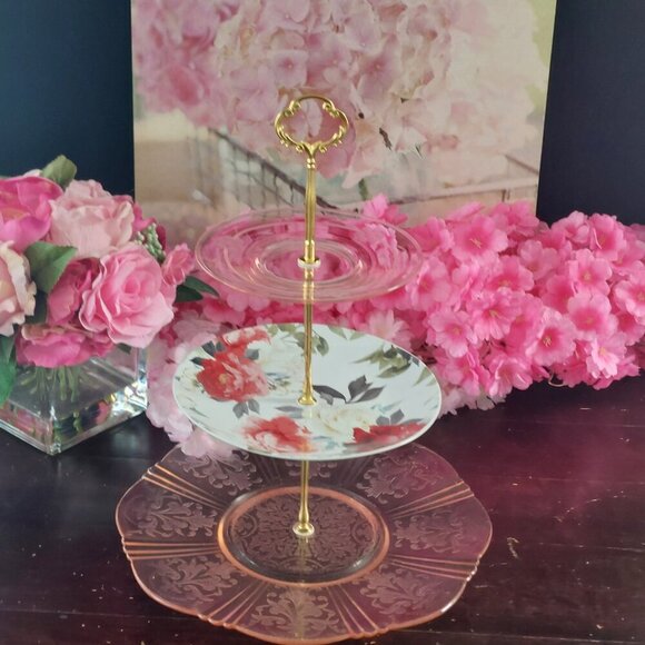 Handmade 3 Tier Pink Depression Glass & Ceramic Floral Dessert Stand - Picture 3 of 10